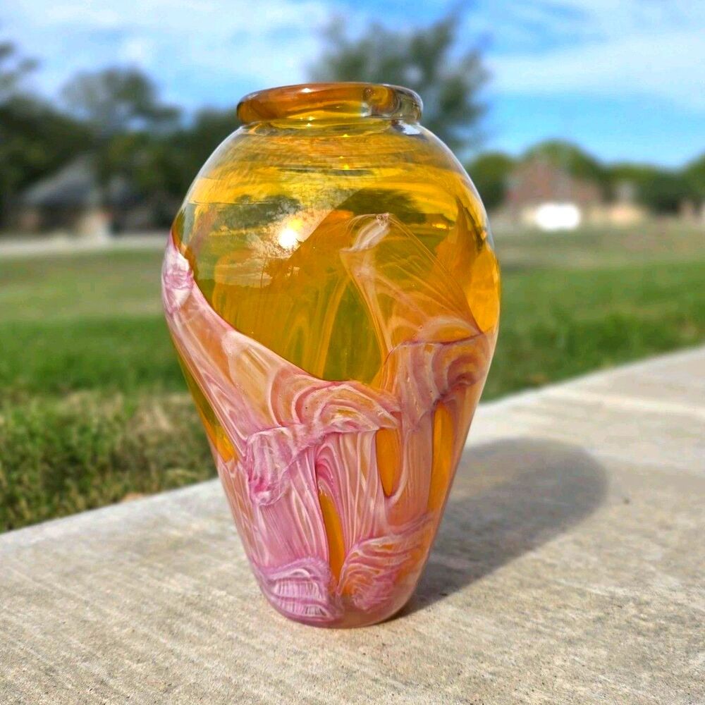 Patrick Morrisson 2002 Handblown Glass 9" Vase Thick Golden Yellow Pink Feather